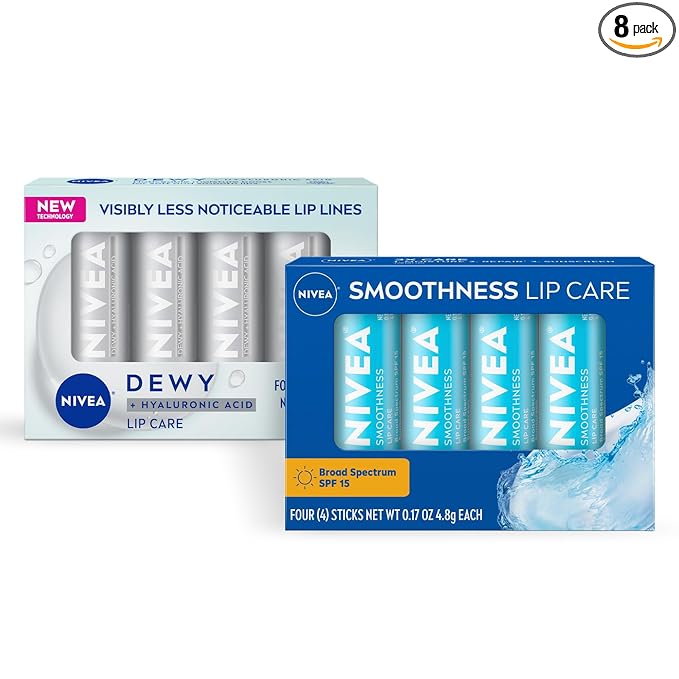 NIVEA Lip Balm Set, Smoothness Lip Care with Broad Spectrum SPF 15 Sunscreen, 0.17 Oz (Pack of 4) + Dewy with Hyaluronic Acid, 0.18 Oz (Pack of 4), Long-Lasting Moisture