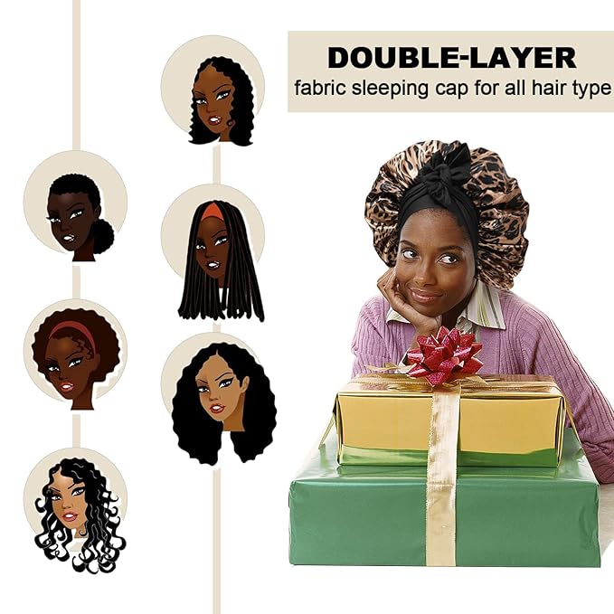 AWAYTR Satin Bonnet for Women - Leopard Print - Large - 2 Layered Silk Sleeping Cap with 3PCS Hair Scrunchies