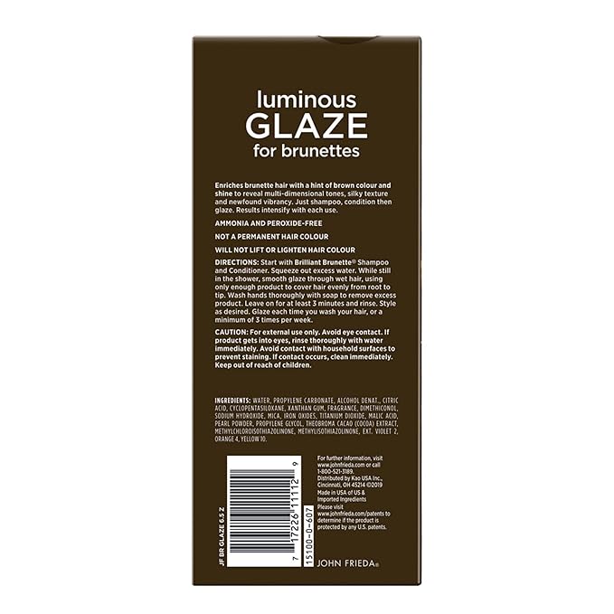 John Frieda Brilliant Brunette Luminous Hair Glaze, Hair Gloss Enhances Rich Color and Boosts Shine for Silky Brunette Hair, Enhances While Mending Damaged Hair Surfaces, 6.5 Oz, Pack of 4