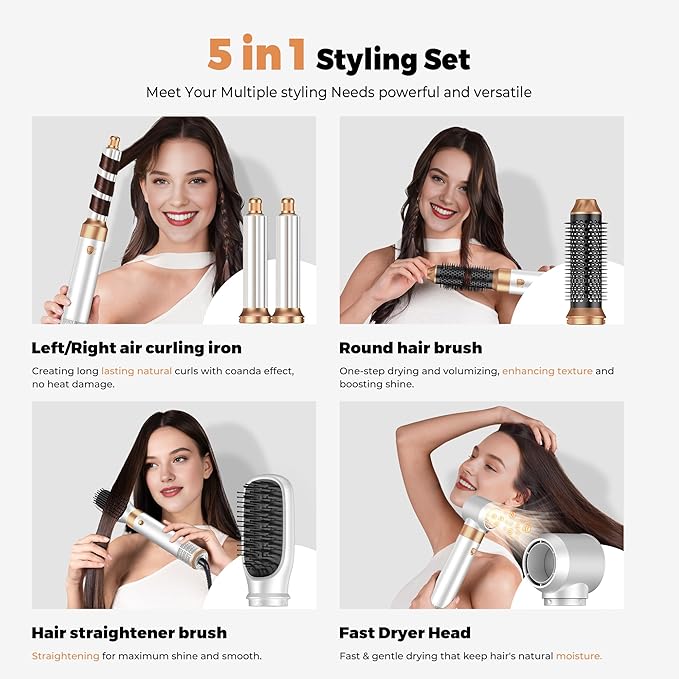 Blow Dryer Brush Set 5 in 1, Hot Air Styler Negative Ion Air Curling Wrap Air Curler Low Heat Hair Care, Round Brush Blow Dryer Hair Styling Tools Gift for Dry,Volumize,Straight,Curl, 110-120V