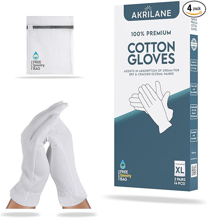 XL Extra Large 2 Pairs 100% Premium Cotton Gloves for Dry Hands | Moisturizing Overnight Gloves for Eczema, Psoriasis & Skin Spa Treatment for Women & Men | Washable & Reusable with Free Laundry Bag