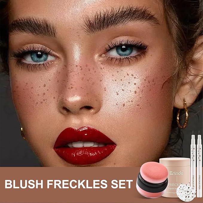 Erinde Natural Freckle Foundation Makeup Kit - Liquid Freckle Pen & Fake Freckles Stamp Air Cushion & Powder Cushion Blush, Long Lasting Waterproof Freckles Tattoo Marker for Natural Sunkissed Makeup
