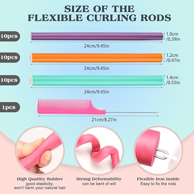 Heatless Hair Curler Set - 30 Flexible Overnight Blowout Rods, Soft Rollers for Long Hair (Small Size)