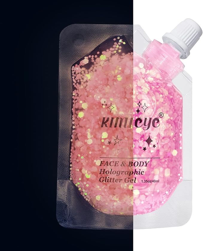 Face Body Glitter Gel Shimmer Makeup for Hair Clavicle Arm Nail Eyeshadow, Long Lasting Waterproof Holographic Mermaid Sequins for Outfit Rave Festival Party, 1.35oz, Luminous Pink