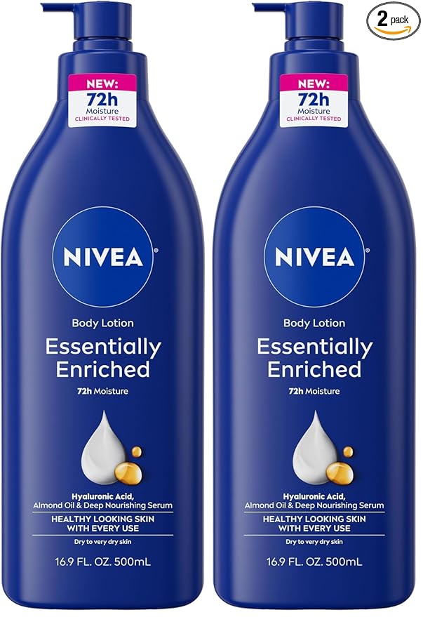 NIVEA Essentially Enriched Body Lotion for Very Dry Skin with Hyaluronic Acid, Almond Oil and Deep Nourishing Serum, 72-Hour Body Moisturizer, 16.9 Fl Oz Pump Bottle (Pack of 2)