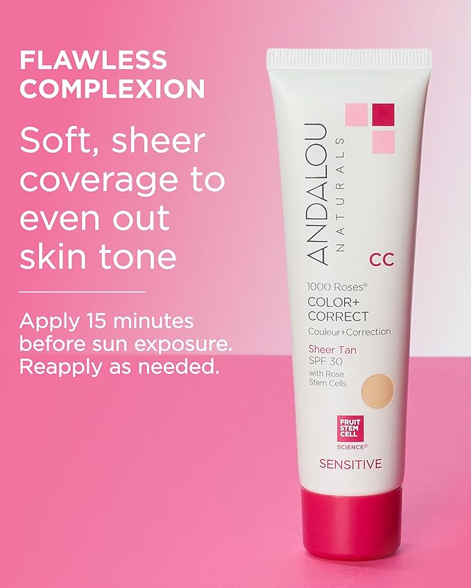 Andalou Naturals 1000 Roses CC Color + Correct with SPF 30, Sheer Tan, 2-in-1 Face Sunscreen + CC Cream for Sensitive Skin, Helps Correct Uneven Skin Tone, Reef Safe Sunscreen, 2 Fl Oz