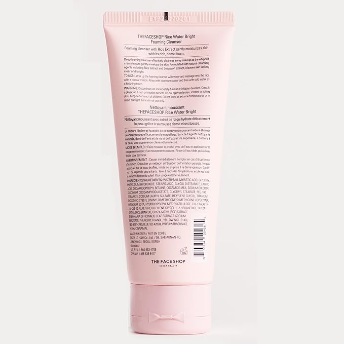 The Face Shop Rice Water Bright Foaming Cleanser, Hydrating Korean Face Wash with Ceramides, Deep Pore Cleansing, All Skin Types, Gentle Skincare, Vegan, 5.0 fl. oz.