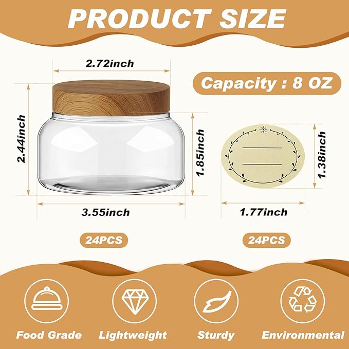 Tessco for you 24 Pack Plastic Jars with Lids Labels Multiuse Slime Containers Empty Body Scrub Jars Round Refillable Cosmetic Body Butter Container for Makeup (8 oz,Clear,Dark Beech)