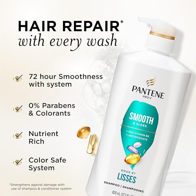 Pantene Shampoo, Smooth and Sleek - Pro-V Nutrients, Frizz Control with Antioxidants, Nourishing for All Hair Types - Curly, Dry, Color-Treated, 27.7 Fl Oz