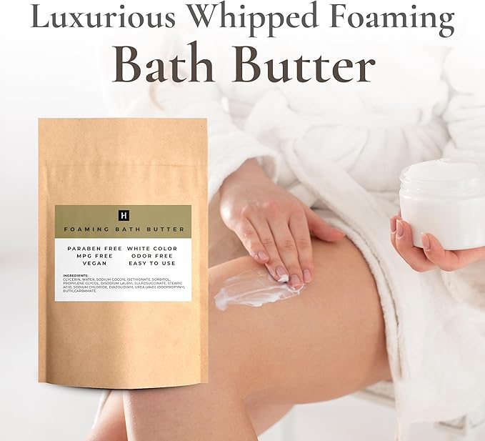 HalalEveryday Foaming Bath Butter Base Whipped 2 lb. Bag 100% Pure Natural Vegan Base Shower Bathe Facial Wash Applications Exfoliating Scrubs Shaving Cream Soap Bath Frosting