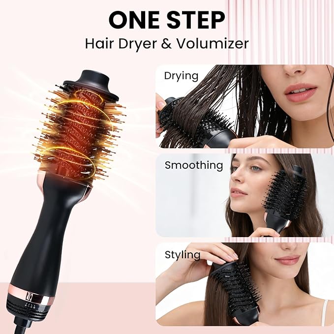 4-in-1 Hair Dryer Brush, Ionic Ceramic Titanium Hot Air Styler with ALCI Safety Plug, 3 Heat Settings for Frizz-Free Blowouts, Salon Volumizer and Straightener (Rose Gold)
