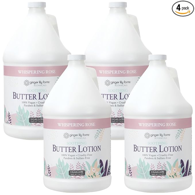 Ginger Lily Farms Botanicals Soothing Butter Lotion for Dry Skin, 100% Vegan & Cruelty-Free, Whispering Rose Scent, 1 Gallon (Pack of 4)