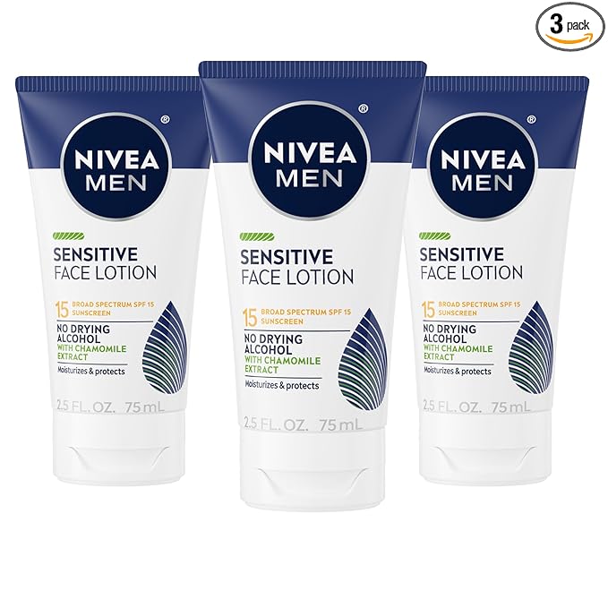 NIVEA MEN Sensitive Face Lotion with SPF 15, Broad Spectrum Sunscreen, 3 Pack of 2.5 Fl Oz Tubes