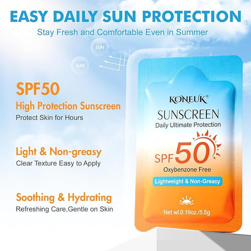 100 Pack Mini Sunscreen for Face and Body, SPF 50 Travel Size Sunscreen, Lightweight and Non-Greasy, Bulk Sunscreen for Summer Travel, Outdoor Sports and Activities, 0.19 OZ/Pack