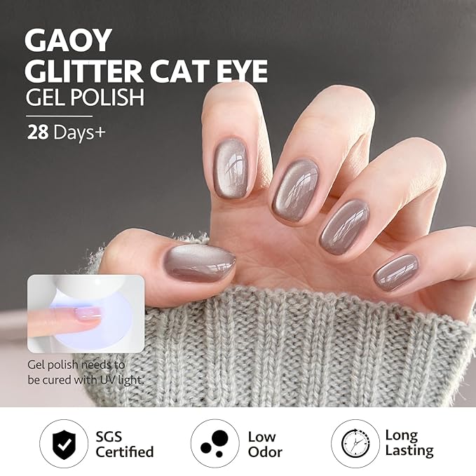 GAOY Glassy Cat Eye Gel Nail Polish, 16ml Glitter Holographic Nail Polish with Magnet, Reflective Translucent UV Gel, 2061 Chestnut Brown