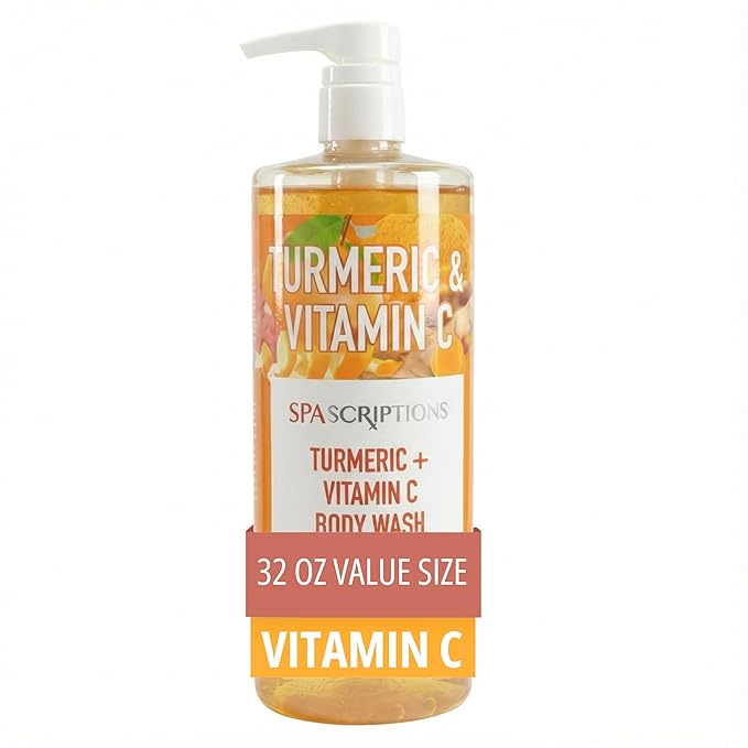 SpaScriptions Vitamin C & Turmeric Body Wash – Brightening Gentle Cleansing Shower Gel Scrub With Hyaluronic Acid for Radiant Glowing Skin & Brown Sugar Exfoliation, Scented, Paraben Free, 32 fl oz