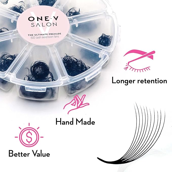 One V Salon, 500 Loose Professional Use Premade Fans Eyelash Extensions, D Curl Volume Lashes, 14D 20D 10D-0.07 Thickness, 9-16mm Fluffy Handmade Fan Mixed Tray