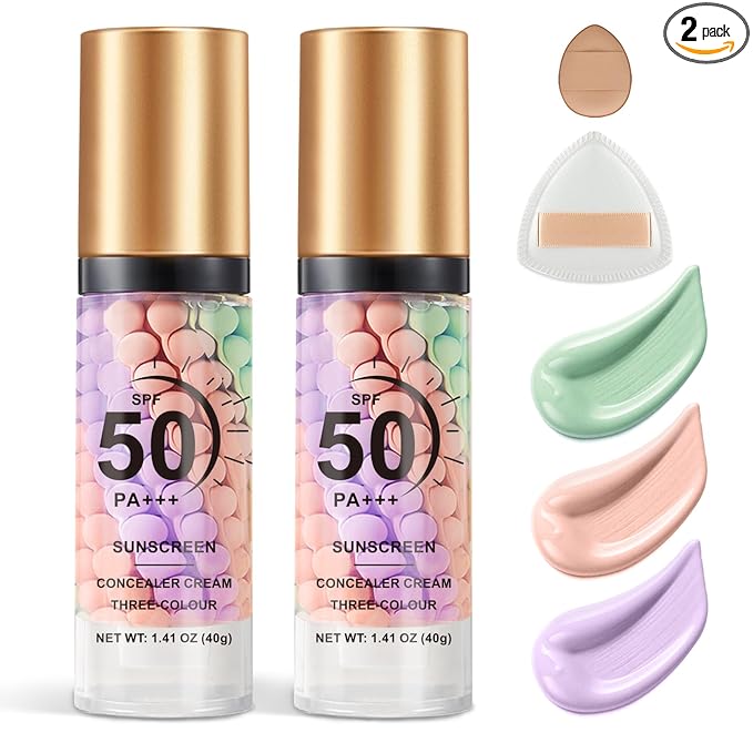 2PCS Color Correcting Primer Face Makeup with Powder Puff,Face Primer with SPF 50,Oil Control Primer Makeup,Hydrates and Moisturizes,Radiance Skin,Protector Solar Para La Cara Con Color