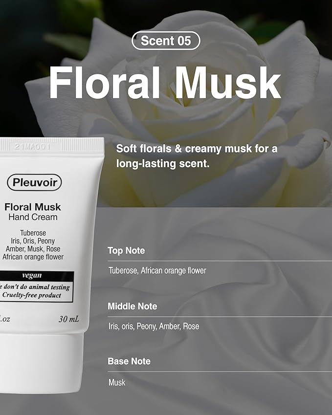 Pleuvoir Floral Musk Perfume Hand Cream - Non-Sticky, Fast-Absorbing, French MANE (Tuberose, Iris & Musk), Moisturizing with Shea Butter, 5-Hyaluronic Acid and Jojoba Oil, Vegan K-Beauty 1oz