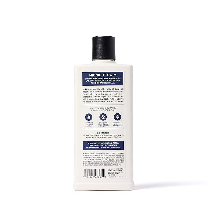 Duke Cannon 2-in-1 Shampoo & Conditioner for Men – Midnight Swim, 14 oz – Cooling, Strengthening Formula with Menthol, Tea Tree & Protein (Pack of 2)