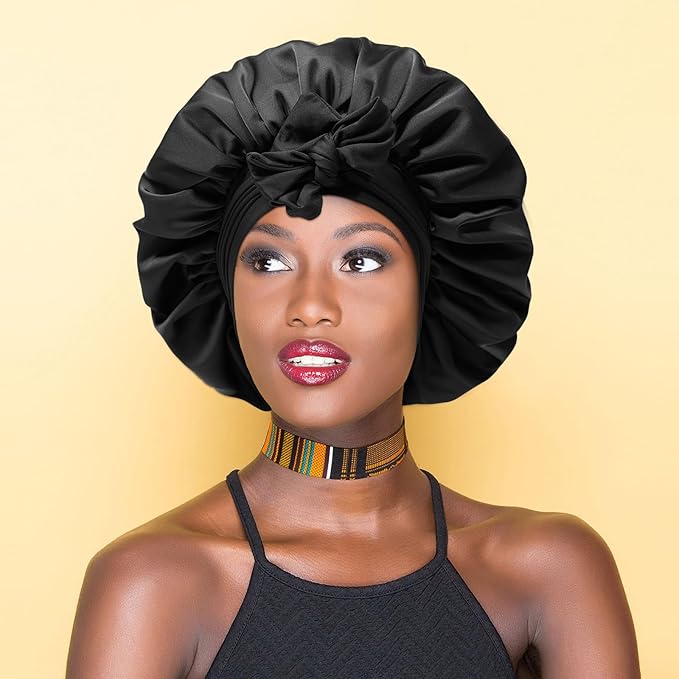 Reversible Satin Bonnet for Women With 3PCS Hair Scrunchies Tie Band - Large 2 Layered Silk Sleeping Cap Nightcap (Black/Red)