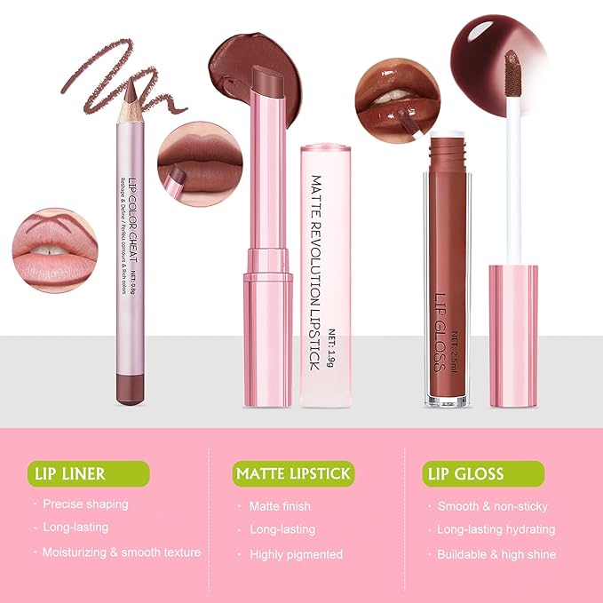 Reddish Brown Lip Combo Set - Matte Lip Liner Pencil, Hydrating Lip Gloss, Long Lasting Matte Lipstick Pen, High Pigment Lightweight Non Sticky High Shine Lip Tint Stain Makeup for Women