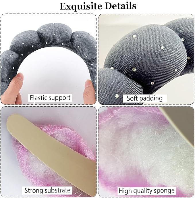 Spa Headbands Puffy Makeup Skincare Headbands for Washing Face or Facial, Terry Cloth Fabric Hairbands for Makeup Removal Shower Skin Treatment(Grey, Rhinestone)