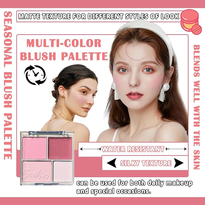 3Pcs 4 Colors Blush Palette for Cheeks with Make Up Brush,Face Matte Contour Blush Makeup Palette,Buildable Shimmer Facial Cheek Blusher Shades,Blendable Cosmetic Makeup Blush
