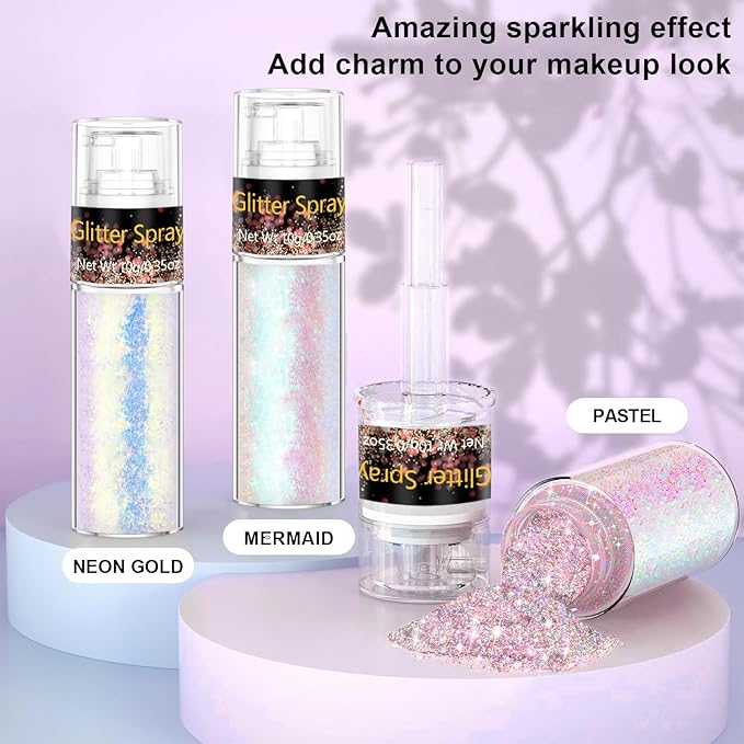 Hair and Body Glitter Spray, Glitter Hairspray Dry Powder Makeup for Clothes, Festival Rave Prom Loose Sparkle Powder,Holographic Ultra Fine Resin Glitters for Crafts (Pastel)