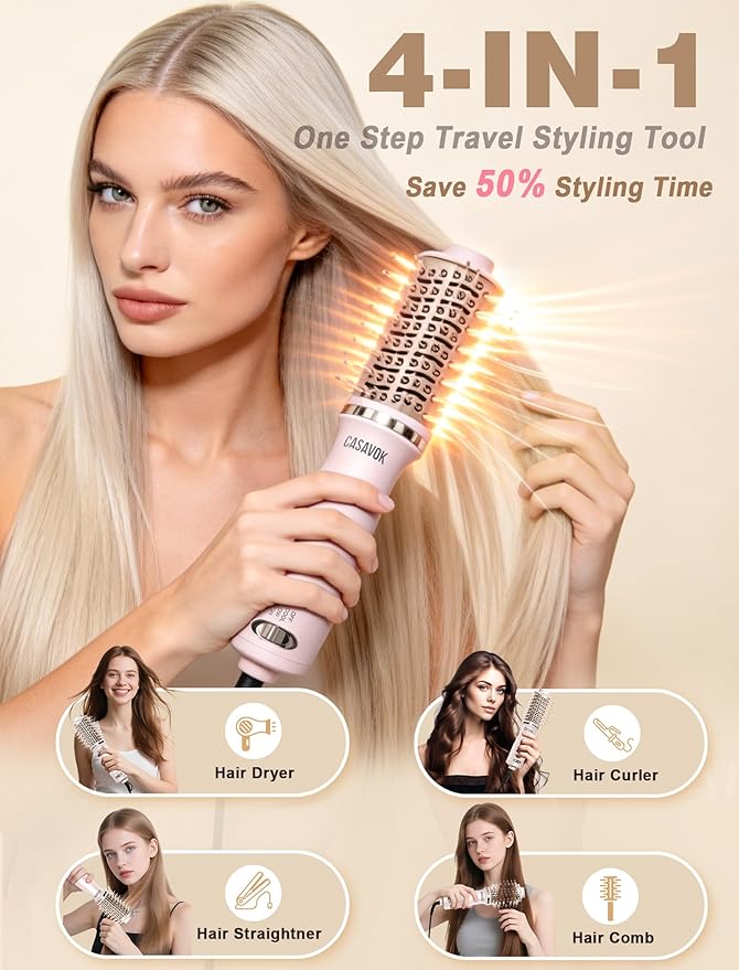 Dual Voltage Hair Dryer Brush for Travel, 4 in 1 Mini Hot Air Brush Blow Dryer Brush for Short Hair, 2 Inch Oval Curling Straightener Volumizer, 120-240V Dual Voltage with EU/UK Adapters, Pink