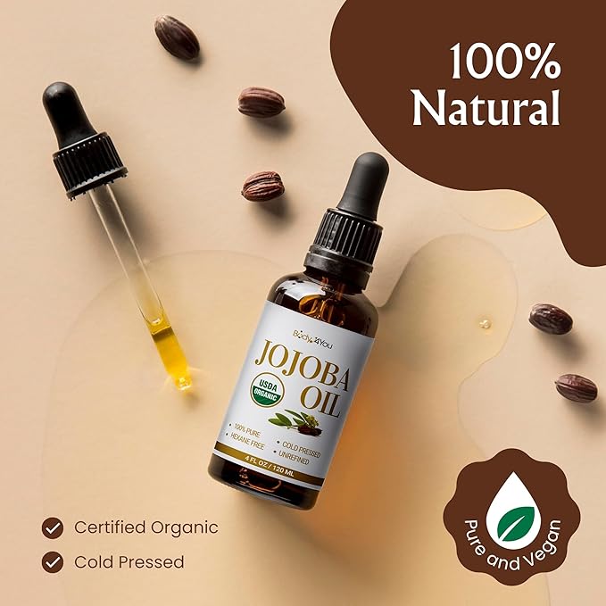 BodyJ4You Organic Jojoba Oil - Moisturise Hair Soothe Skin Protect Restore Healthy Glow - USDA 100% Pure Natural Unrefined Conditioner Wax - Unisex All Hair Types - Spray Cap 4 Fl Oz