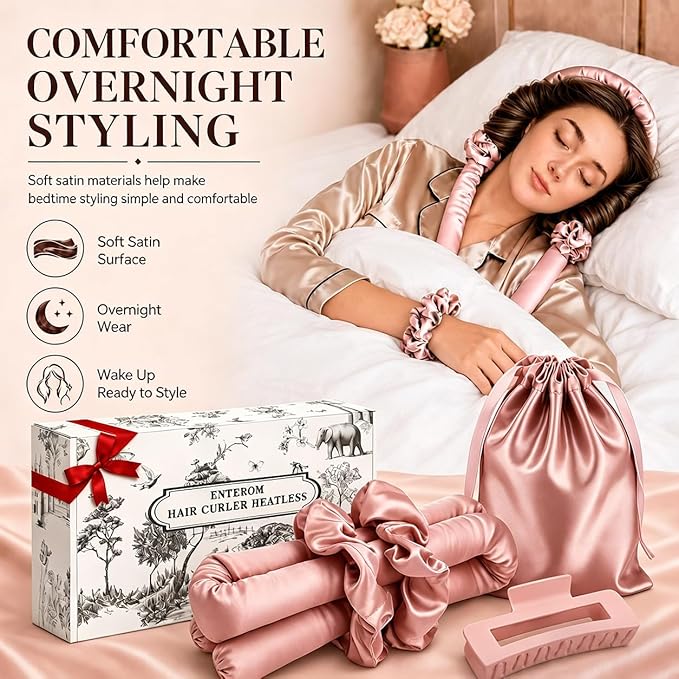 EnteromMuse Heatless Curls Overnight Satin Curling Set No Heat Hair Curler for Long & Short Hair, Heatless Curling Rod&Rollers for Soft Bouncy Curls Complete Kit with Storage Bag(Pink, Original)