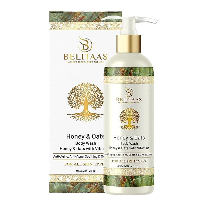 Belitaas Honey & Oats Body Wash – PLANT-BASED Cleanser, 10.14 fl oz (300ml) | Sulphate/SLS/Paraben-Free, Vitamin-Enriched, Non-Irritating | Hydrating & Gentle for Sensitive, Dry Skin | Mild Fragrance