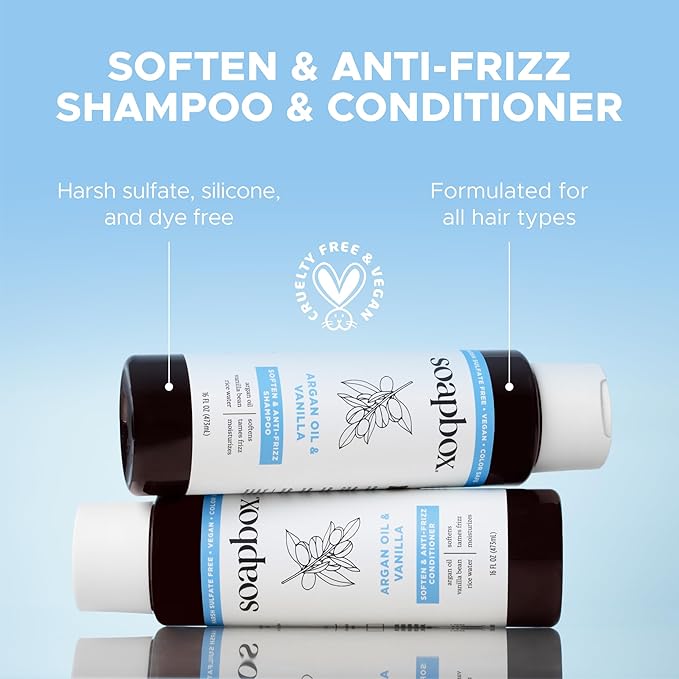 Soapbox Argan Oil & Vanilla Conditioner, Controls Frizz & Moisturizes - Clean Ingredients Free of Harsh Chemicals, Sulfates, Parabens & Silicones - Smoothing Conditioner for Frizzy Hair, 33.8oz Liter