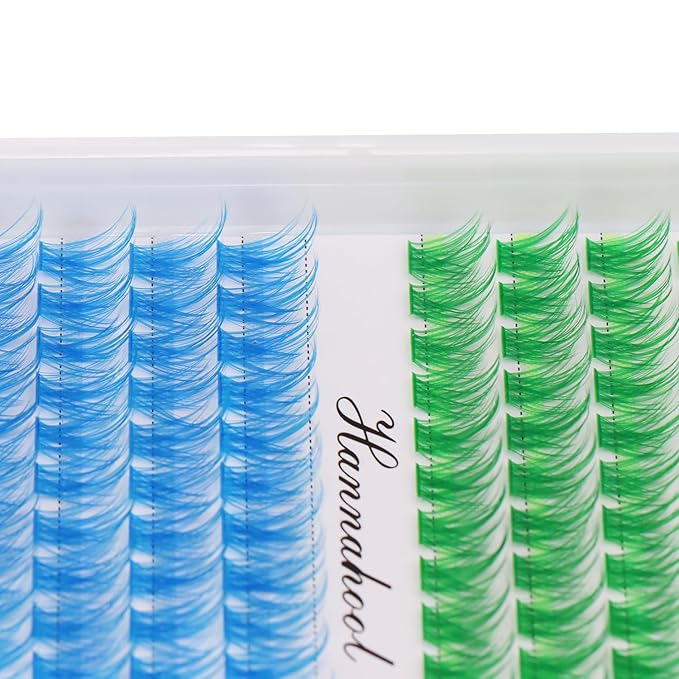 12rows-Large Tray Mixed 8-10-12-14-16mm/Mixed 14-15-16mm/Mixed14mm-16mm/Mixed 18-20mm Wide Stem Individual False Eyelashes Dramatic Black Cluster Eyelashes (LC07-Green-blue-14-16mm)