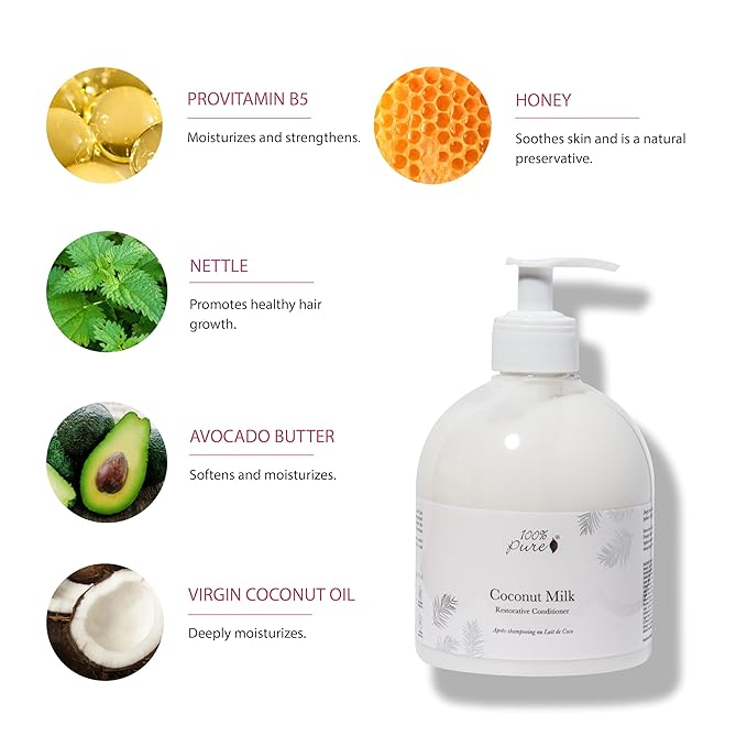 100% PURE Coconut Milk Restorative Conditioner - Moisturize & Repair Replenishing Nutrient Boost for Dry Damaged Hair, Promotes Healthy Growth for Women & Men - Sulfate Free - 16 Fl Oz