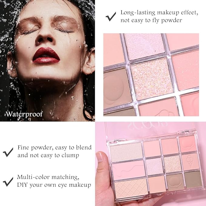 AMY'S DIARY Pink, Nude, and Shimmer Eyeshadow Eye shadow Makeup, 12 Colors Shiny Sparkle Shimmer Glitter Eyeshadow Waterproof Pallete Eye Make Up (12-03)