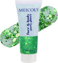 MEICOLY Green Face Body Glitter,St Patricks Day Chunky Hair Glitter for Women Kids,Self-Adhesive Holographic Green Accessories Irish Parade Makeup,Spirit Day Wear,Alien Costume,Festival Rave Outfits