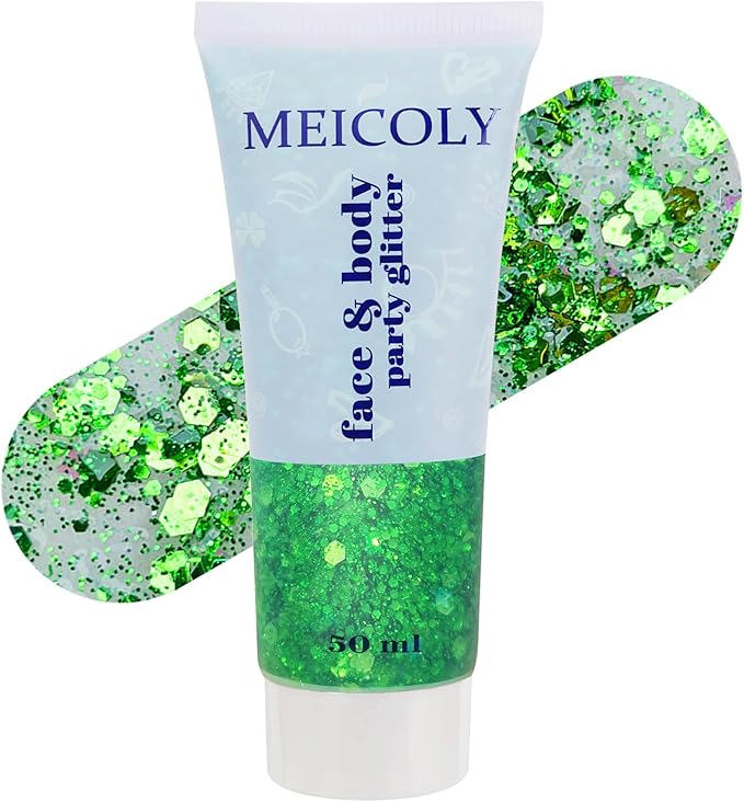 MEICOLY Green Face Body Glitter,St Patricks Day Chunky Hair Glitter for Women Kids,Self-Adhesive Holographic Green Accessories Irish Parade Makeup,Spirit Day Wear,Alien Costume,Festival Rave Outfits