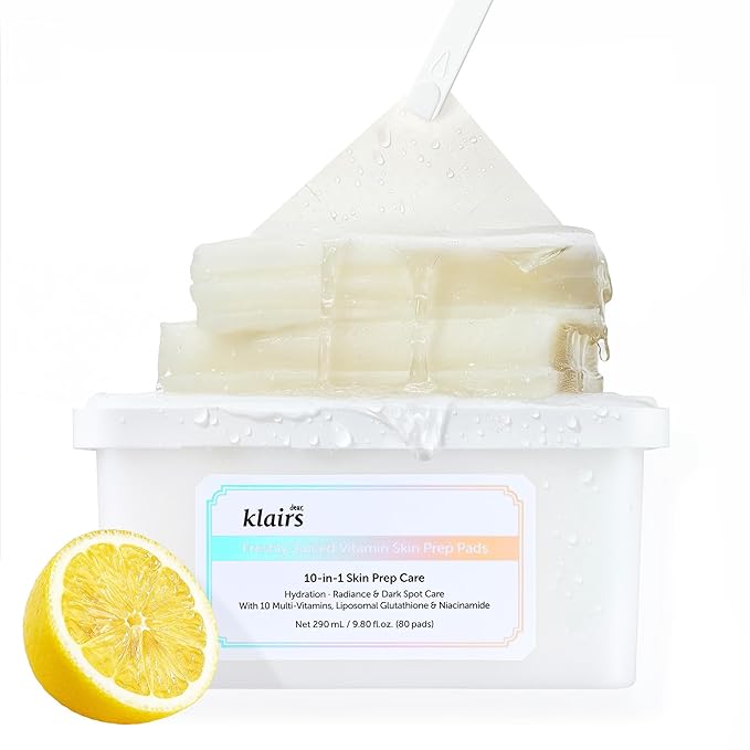 DearKlairs Freshly Juiced Vitamin Skin Prep Pads – Korean Makeup Prep Toner Pads with Liposomal Glutathione, 10 Vitamins, Hyaluronic Acid & Centella for Even Tone & Lasting Makeup Hold, 80 Pads