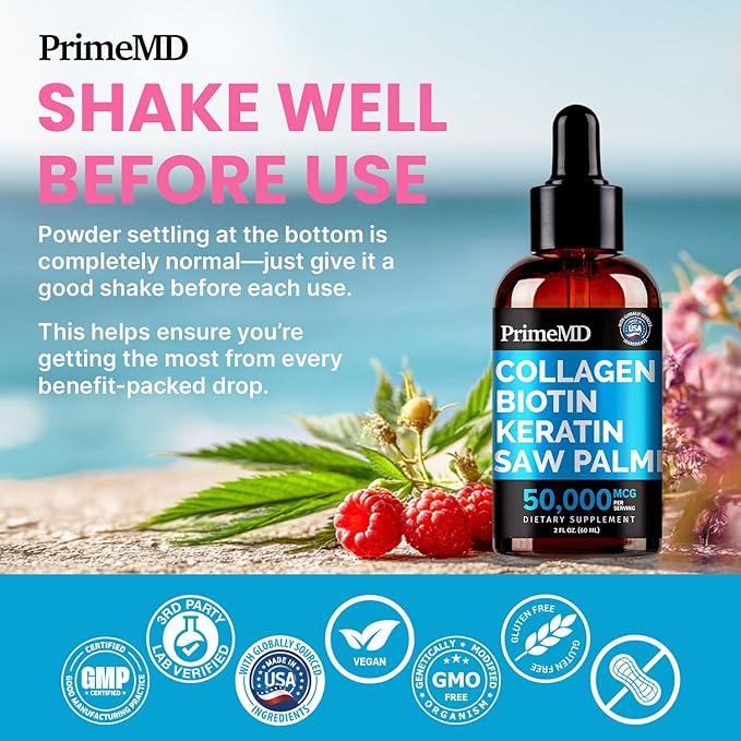 Liquid Collagen Peptides for Women - Serum Complex with Biotin Vitamin, Hydrolyzed Keratin Protein and Saw Palmetto - Comprehensive Formula for Hair, Skin, and Nails Wellness - 2fl oz (Pack of 4)