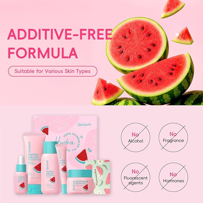 QUIYUM Watermelon Niacinamide Skin Care Set, Routine Beauty Skincare for Teens- Gift Set with Cleanser, Toner, Eye Cream, Cream, Serum, Facial Juicy Glow Up for Women, Girls, for All Skin Types (5PCS)