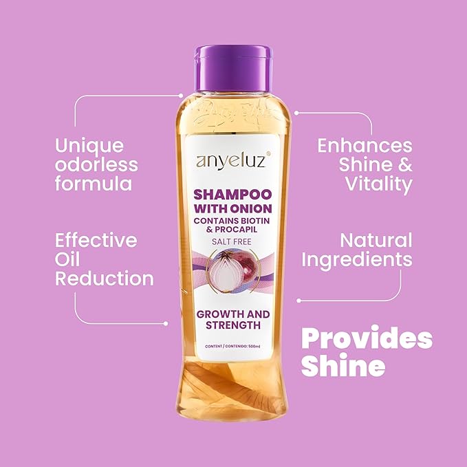 ANYELUZ Onion Shampoo – Natural, Odorless Formula, Reduces Oil, Ideal for All Hair Types, Salt and Paraben Free