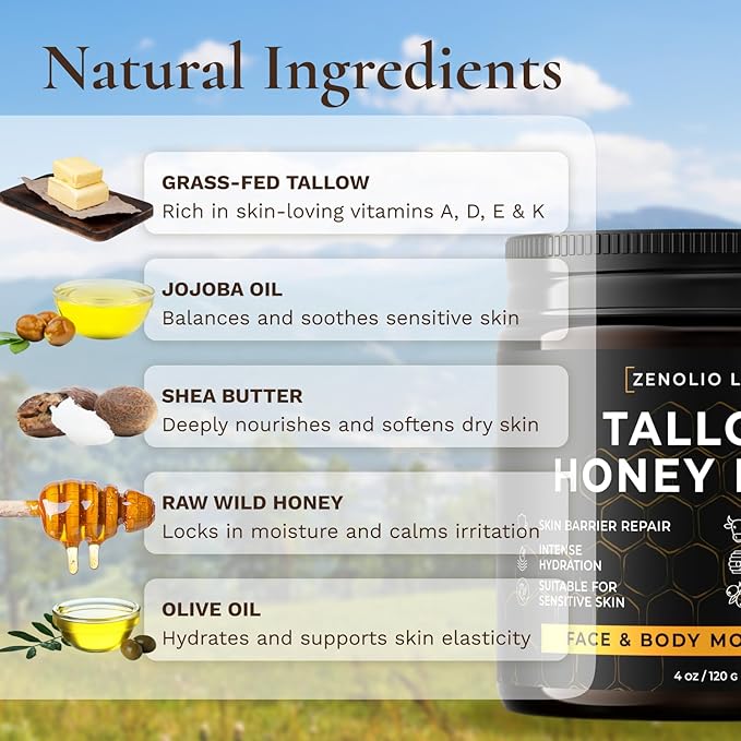 Beef Tallow for Skin Face - Tallow and Honey Balm for Face - Whipped Grass-Fed Moisturizer with Raw Honey & Beeswax - Hydrating Body Cream for Dry, Cracked and Sensitive Skin