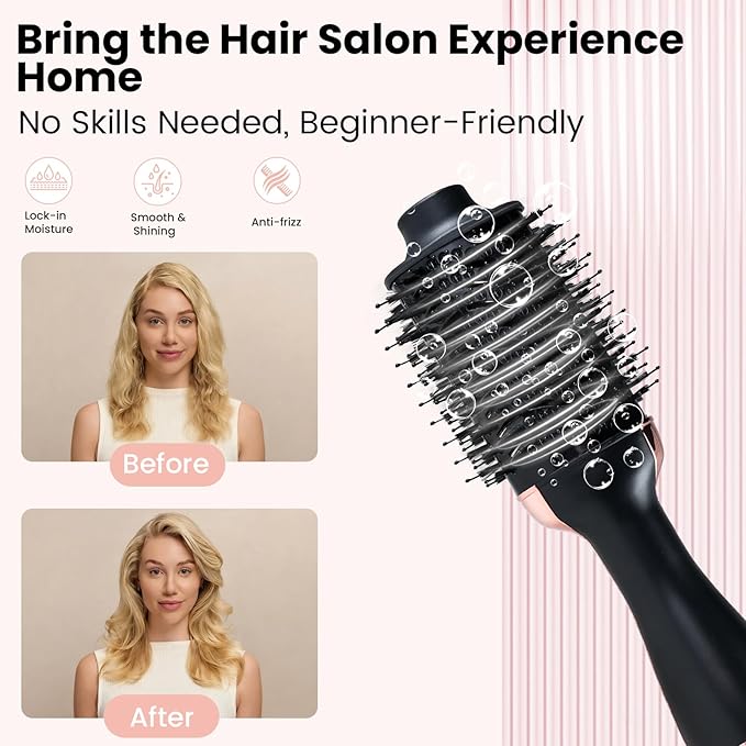 4-in-1 Hair Dryer Brush, Ionic Ceramic Titanium Hot Air Styler with ALCI Safety Plug, 3 Heat Settings for Frizz-Free Blowouts, Salon Volumizer and Straightener (Rose Gold)