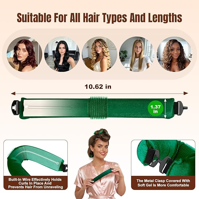 Overnight Heatless Hair Curler, Upgraded with Hair Pad Grippers Satin Jumbo Flexi Blowout Curls Rods, 3pcs No-Heat Styling Tools Curling Rod to Sleep in for All Hair Types - Green