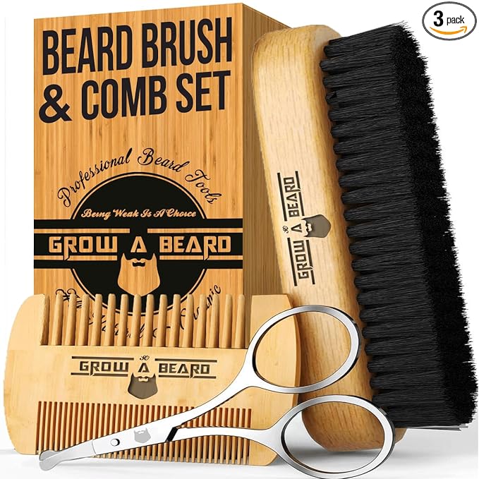 Beard Brush For Men & Beard & Mustache Comb Set with Scissors, Beard Grooming Kit, 100% Natural Boar Bristle Brush, Dual Action Wood Comb, And Travel Bag, Great Fathers Day Gift, Gift for Him