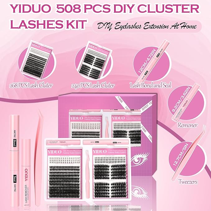 YIDUO 3 style Lashes Clusters Kit with Bottom Lash Cat-Eye Wispy Individual Faux Mink Fake Eyelashes, Volume Studio Effect, 498Pcs DIY False Eyelash Extensions with Bond and Seal|Removers|Tweezers
