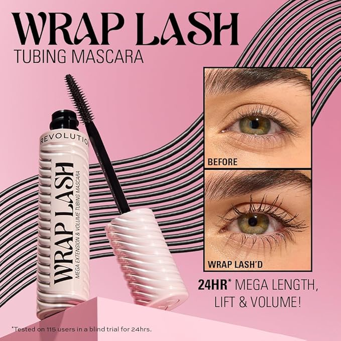 Revolution Beauty London, Wrap Lash Tubing Mascara, Smudge-Proof & Water-Resistant for Length & Volume, Vegan & Cruelty-Free, Black, 0.28 fl oz