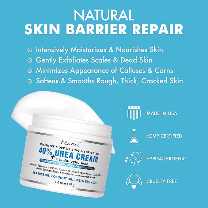 Ebanel Urea Cream 40% plus Salicylic Acid 2%, Foot Cream for Dry Cracked Heels Feet Knees Elbows Hands, Foot Dead Skin Cuticle Callus Remover Toenail Softener, Keratolytic Skin Barrier Repair, 2-Pack